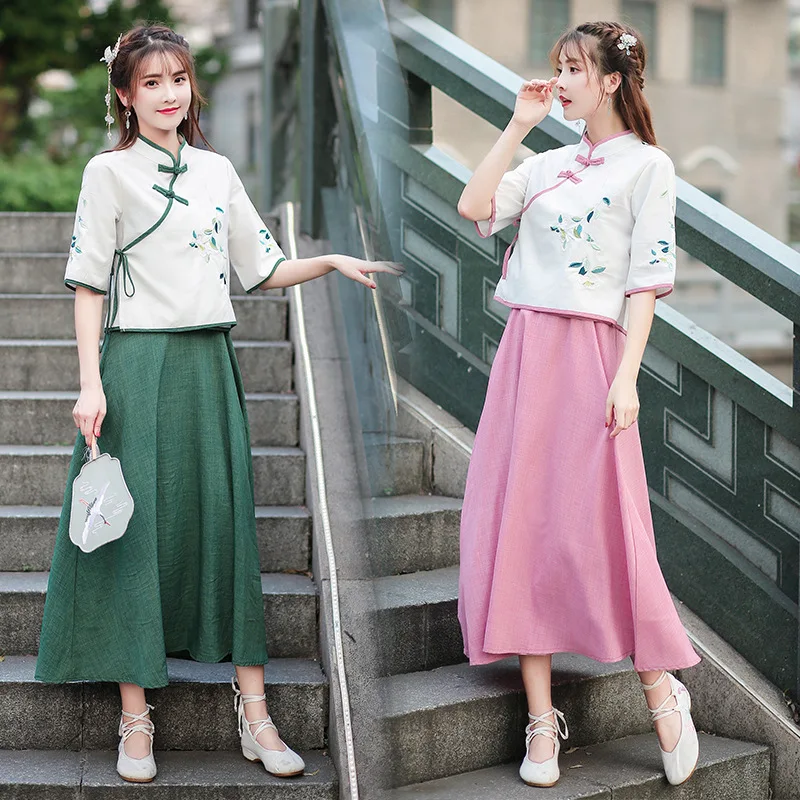 

2019 Summer New Style Chinese Clothing Improved Cheongsam Embroider Jacket Dress Two-Piece Set Cotton Linen Tea Service Set