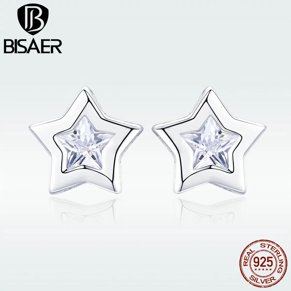 BISAER, серьги-гвоздики для женщин, 925 пробы, серебро, сверкающие, прозрачные, CZ звезды, серьги для женщин, модные ювелирные изделия, Brincos HSE437