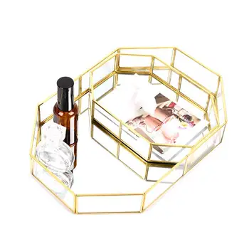 

Retro Brass Makeup Storage Tray Golden Glass Dessert Snack Plate Makeup Jewelry Plate Home Kitchen Decor