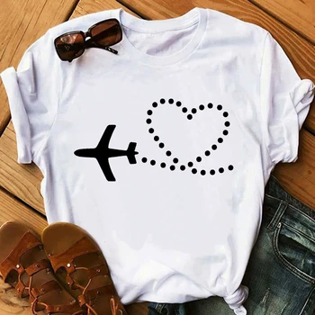 

T-shirt Cute Airplane Aviator with Heart Print Graphic T Shirts Women Tees Tops T Shirt Womens Clothing Aesthetic t shirt women