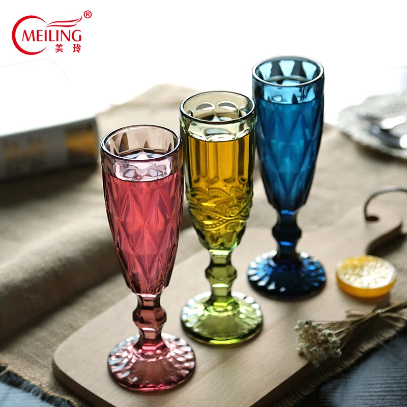 

3PCS Vintage Embossed Glass Cup Color Wine Champagne Whiskey Cocktail Glasses Kitchen Party Bar Drinkware NiceWedding House Gift