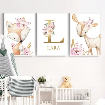 

Woodland Animal Print Nursery Canvas Painting Custom Name Wall Art Pink Flowers Poster Nordic Wall Pictures Baby Girl Room Decor