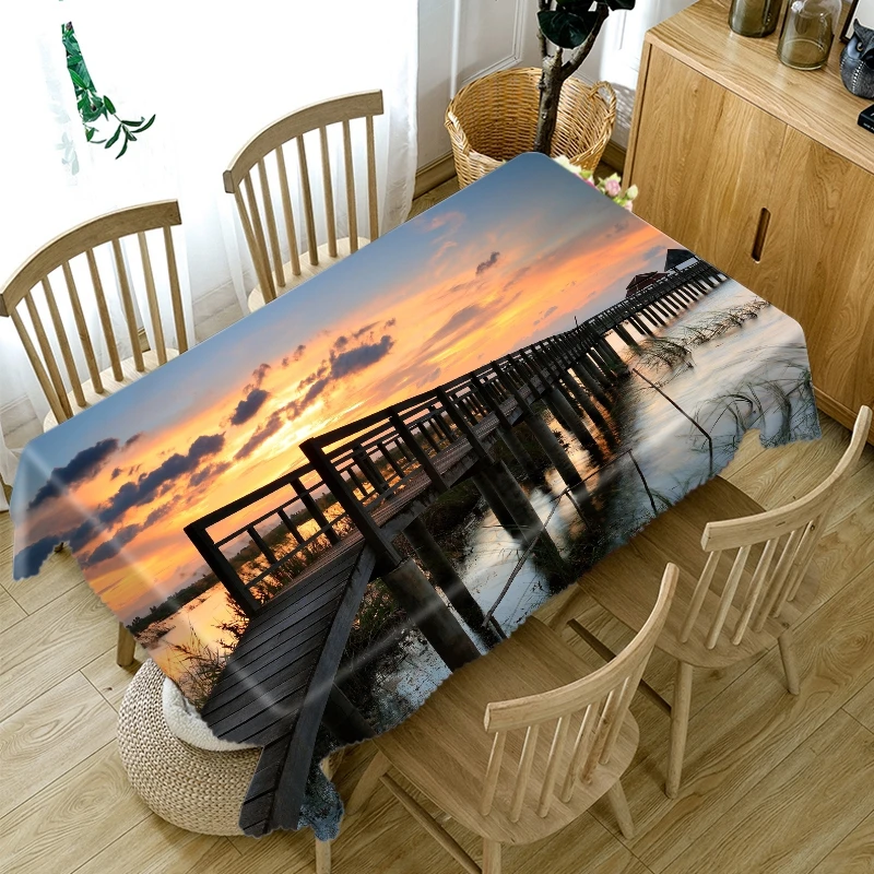 3D Seascape Wooden Bridge Pattern Thicken Tablecloth Cotton Rectangular