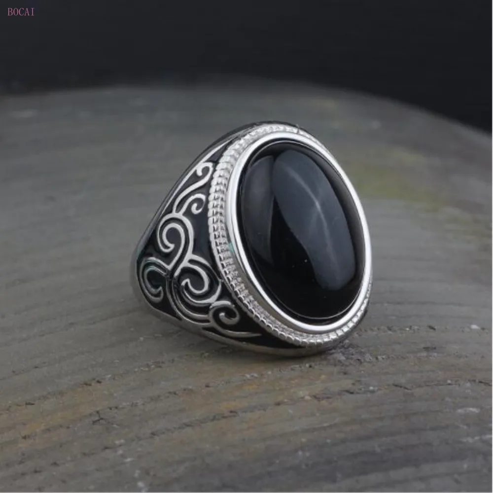 S925 Серебряное кольцо для мужчин, модное, преувеличенное, черный натуральный камень, Открытое кольцо для мужчин и женщин, указательный палец, кольцо для мужчин