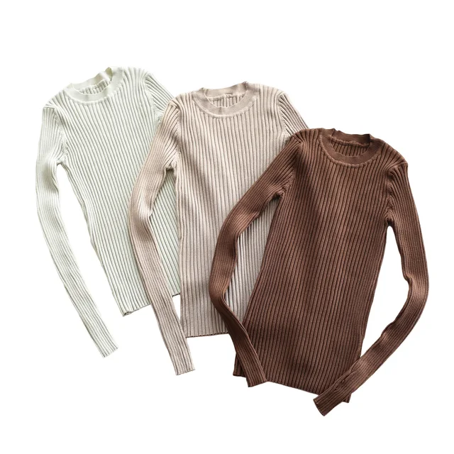 Women Sweater Pullover Basic Ribbed Sweaters Cotton Tops Knitted Solid Crew Neck With Thumb Hole 1