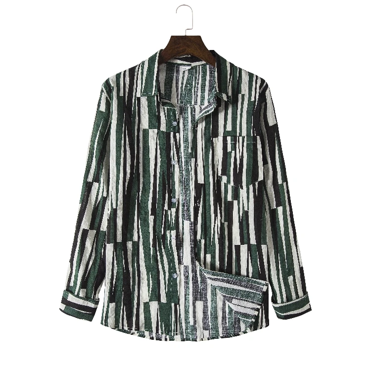 

2020 Autumn New Men's Contrast Color Striped Cotton and Linen Color Belt Breathable Long-sleeved ShirtCX311