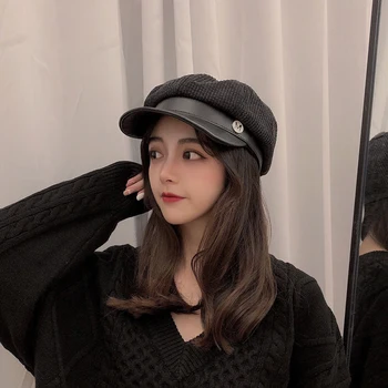 

Octagonal hat women fashion beret leather stitching corduroy newsboy hat autumn and winter wild retro painter hat