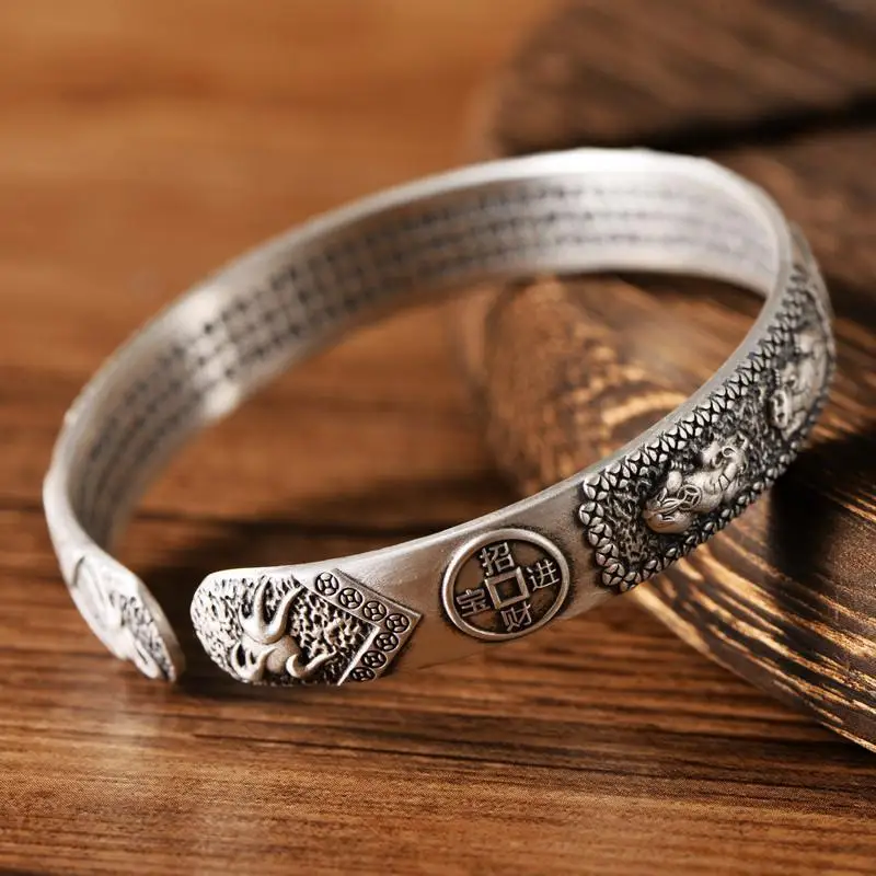 Silver Colour Vintage Elephant 925 Stamp Bangle & Bracelet