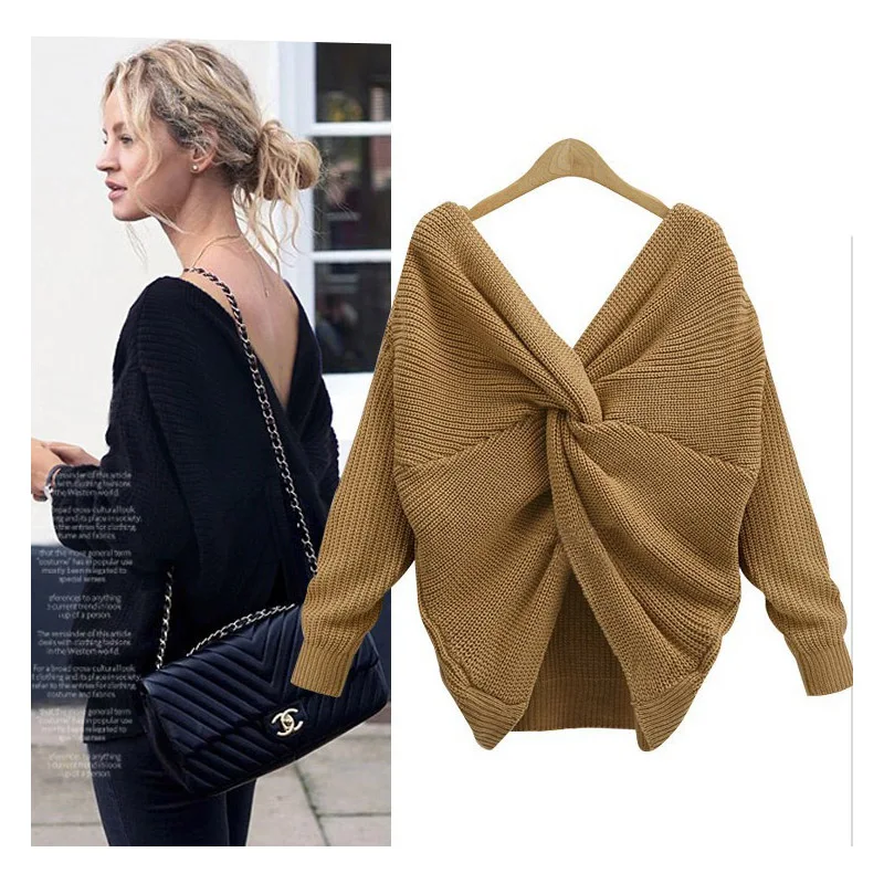 

2019 V-neck open-back sweater irregular cross knot knit back wear both sides WSW95