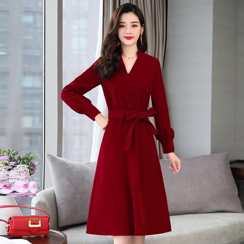 

Chung Autumn Long-sleeved Dress Women's 2019 New Style Mid-length Elegant Waist Hugging Slim Fit Slimming Bandage Cloth V-neck A