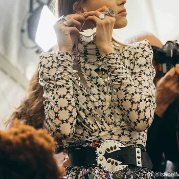 

Jalford florl print stretch Women top Turtleneck Puff Shoulders Zipped back Long Sleeves Pleated Detail Fashion tops