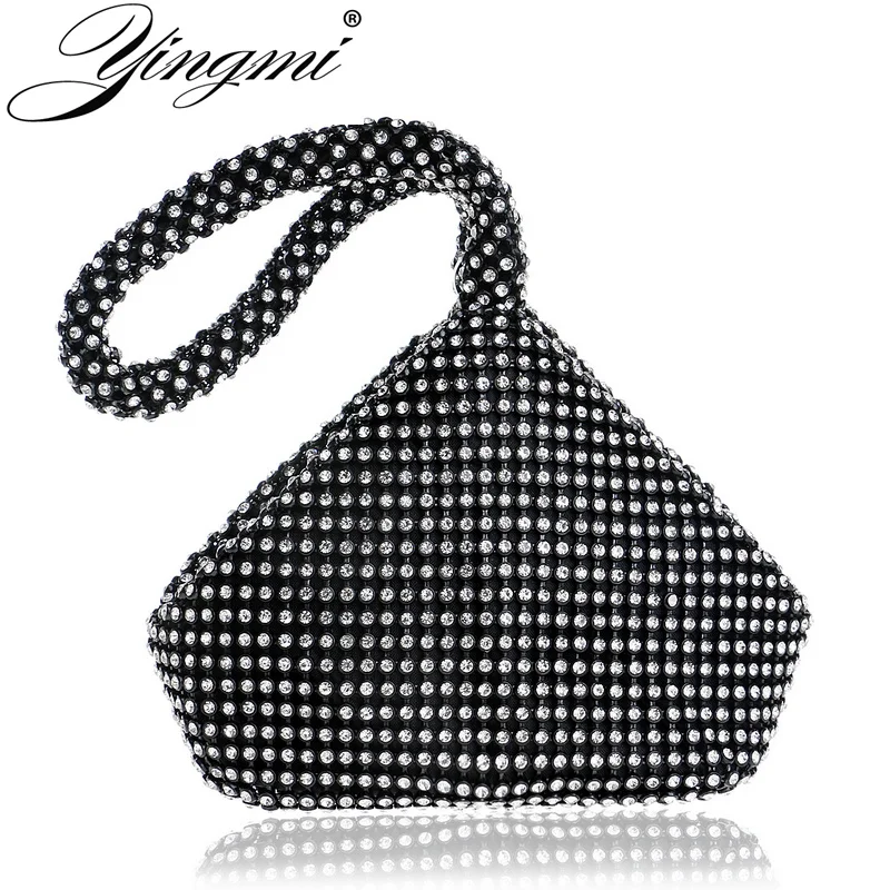 

YINGMI Hot selling full of rhinestones evening bags soft deisgn bucket design silver black gold mini party dinner clutch