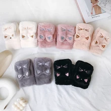 

Winter Warm Soft Rabbit Fur Knit Mittens Women Flip Half finger Driving Gloves Plush Thick Cute Cat Touch screen Gloves
