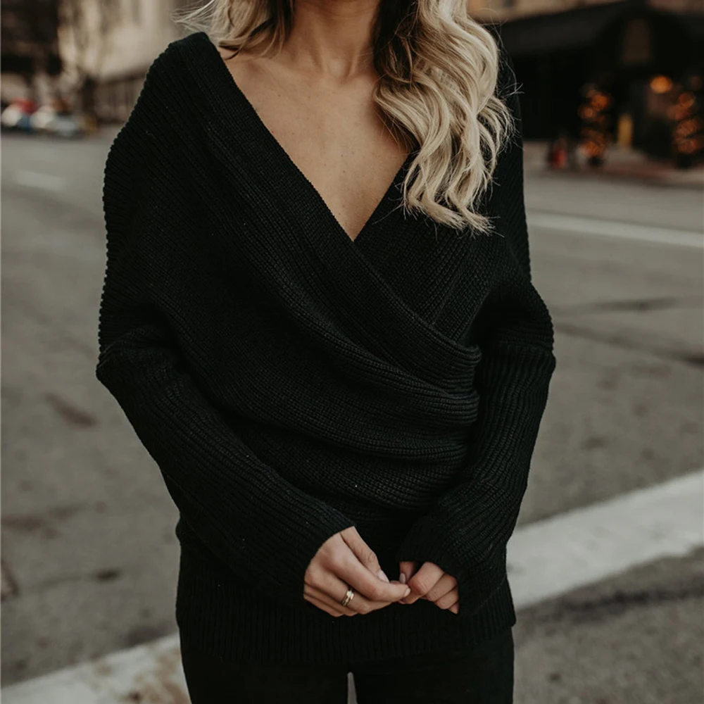Женские свитера с открытыми плечами, сплошной цвет, длинный рукав, вязаный пуловер, свитер, зимние сексуальные свободные джемперы с глубоким v-образным вырезом, Sueter Mujer - Цвет: Черный