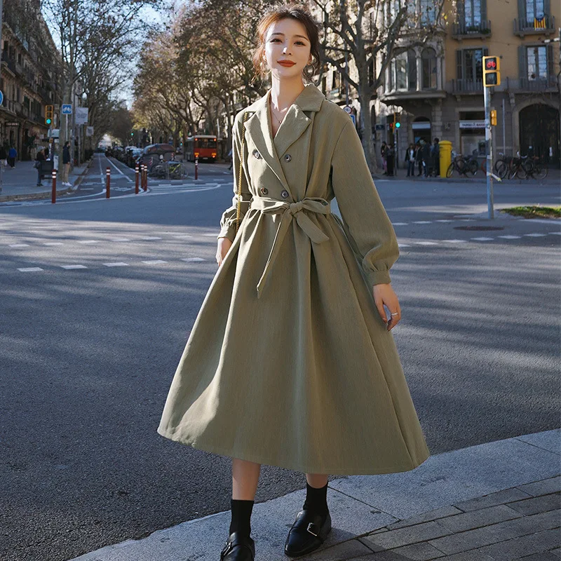 

Women's Classic Double Breasted Belted Coat Big Swing Dress Style Spring Thin Midi Length Trench Coats For Girls Streetwear