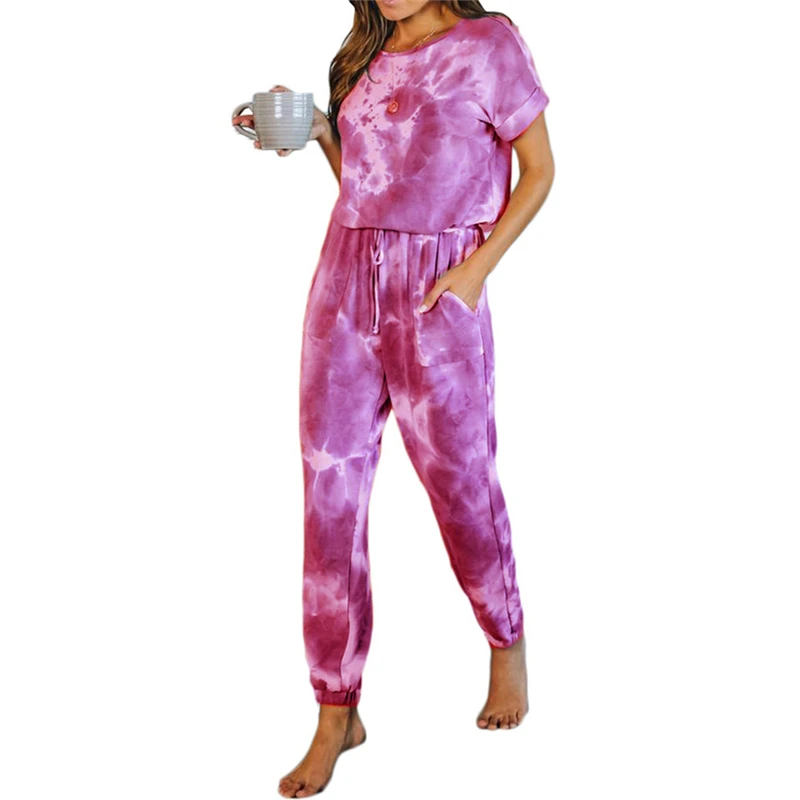 

Women's Jumpsuit Tie Dye Pattern Back Button Design Loose Short Sleeve Waist Drawing Straps Round Neck Jumpsuit Romper Bodysuit