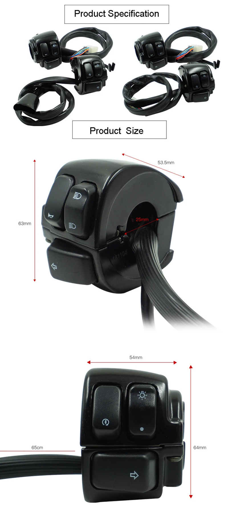 MoFlyeer 25mm Aluminum Motorcycle Handlebar Control Switches Kill Start Turn Signal Switch Button With Wiring Harness