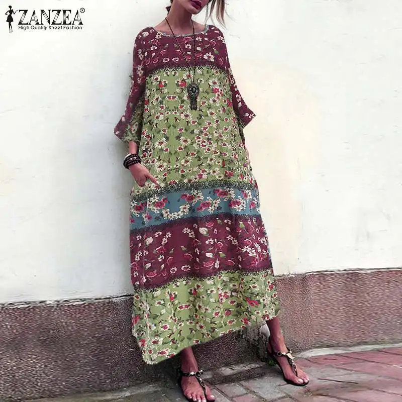 Autumn Vintage Sundress Women Floral Printed Cotton Linen Dress ZANZEA Casual 3/4 Sleeve Robe Vestido Kaftan Tunic Dresses Femme