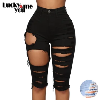 

New Arrive 2020 Women Summer Sexy Washed Holes Tassel Zippers Knee Length JEANS Girls Black Sexy Paddy Skinny Jeans Big Size XXL