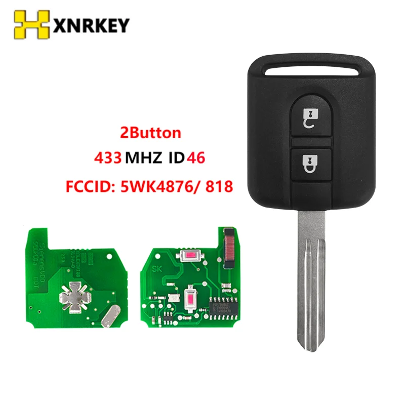 XNRKEY 5WK4876/ 818 433MHz ID46 PCF7946 Chip 2 Button Remote Key Fob For Nissan Elgrand X-TRAIL Qashqai Navara Micra Note NV200