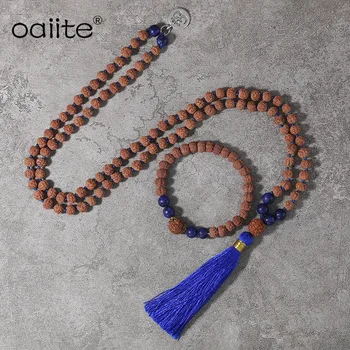 

OAIITE Lucky Mala Rudraksha Necklace ,Lapis Lazuli 108 Charm Yoga Prayer Beads Jewelry Set,Buddha Prayer Bracelet Women Men