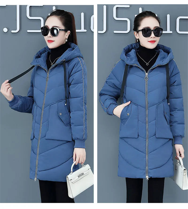 Зимняя женская куртка с капюшоном пальто утепленная теплая Длинная женская верхняя одежда парка пуховик с хлопковой подкладкой chaqueta feminino большой размер - Цвет: sky blue