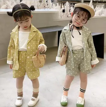 

2020 new girls 2 pcs dots set coat+shorts fashion spring cotton girls suit 2-7 years HM756