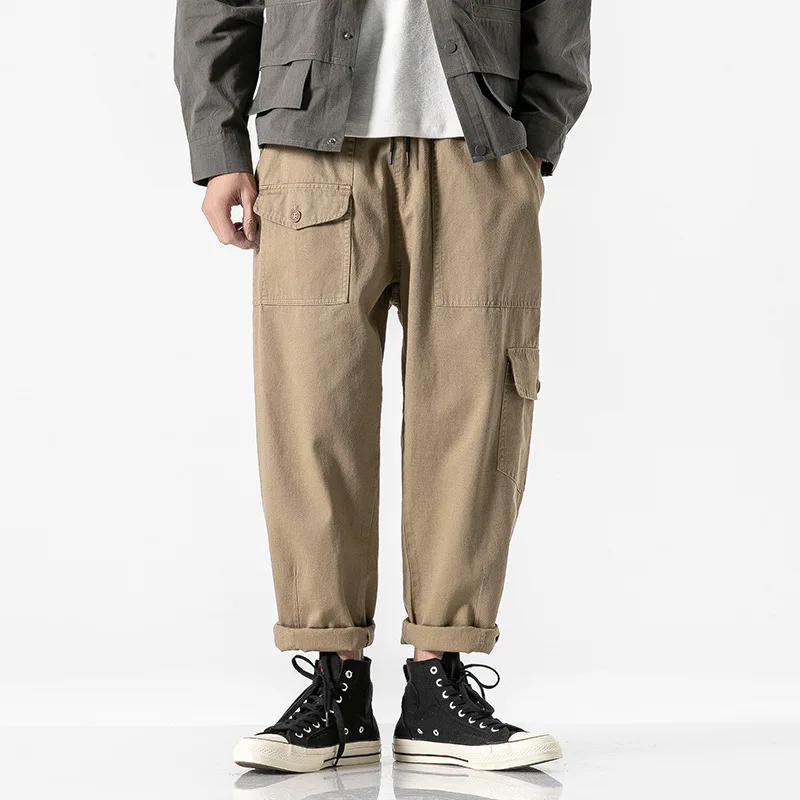 

City Where the Product 2020 Spring New Style Solid Color Front Pouch Cover Casual Pants Multi-pockets Loose-Fit Lace-up Pants
