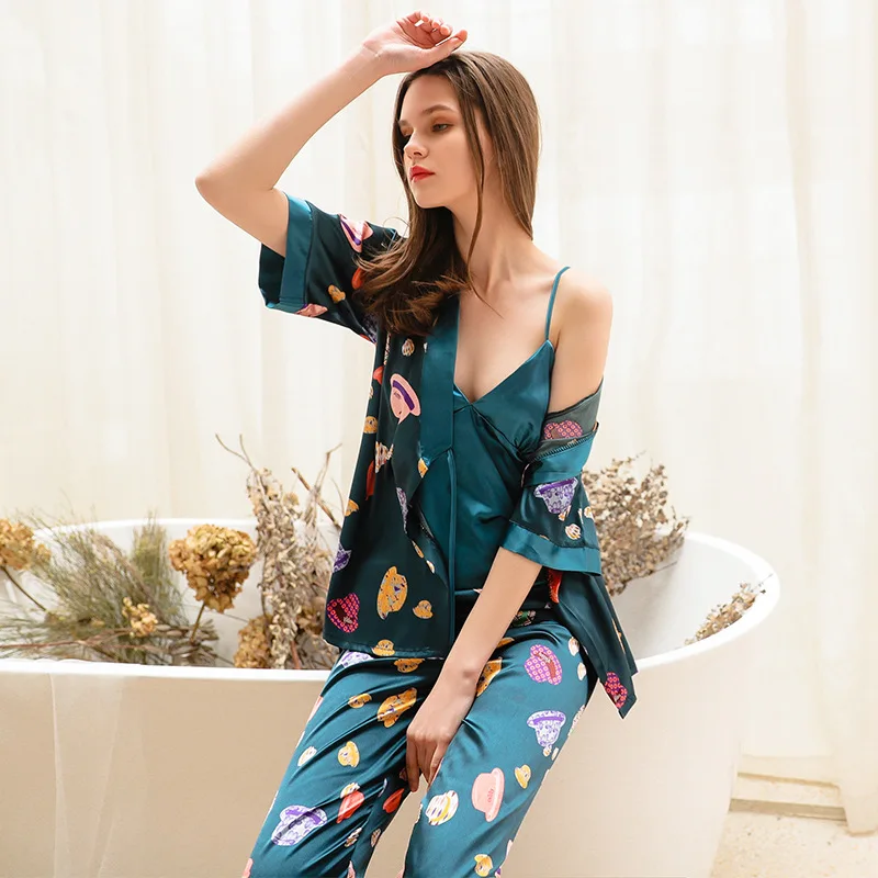 

Sleepwear Women Sexy 3PCS Pajamas Suit Satin Print Sleepwear Shirt&Pants Casual Kimono Bathrobe Gown Nightwear Silky Homewear