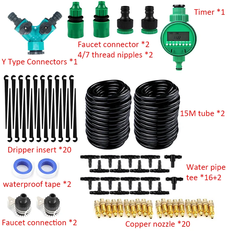 

30M Automatic Garden Watering System Kits Drip Irrigation Spray Sprinkler System with Timer Controller Self Watering Garden Tool
