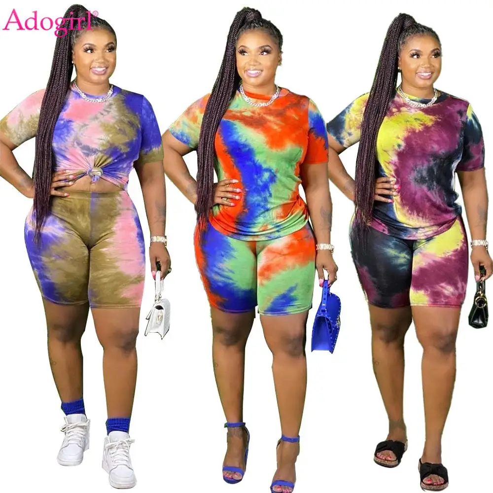 Adogirl Tie Dye Print Two Piece Set Plus Size XL-5 XL Women Casual O Neck Short Sleeve T Shirt Shorts Home Suit Casual Tracksuit Adogirl Tie Dye Print Two Piece Set Plus Size XL-5 XL Women Casual O Neck Short Sleeve T Shirt Shorts Home Suit Casual Tracksuit