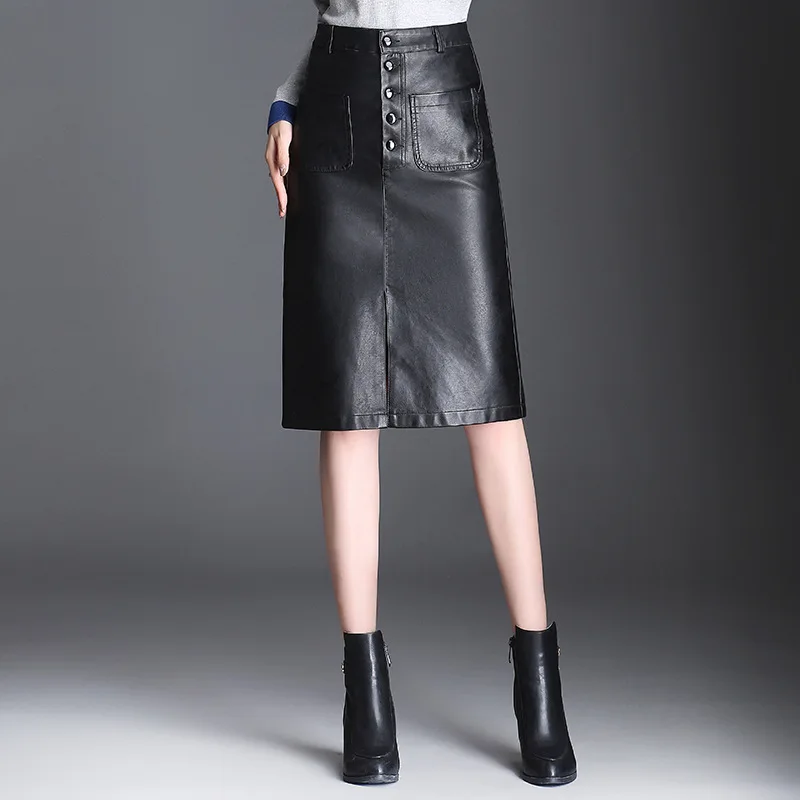Юбка из искусственной кожи женская новая осенне-зимняя юбка с разрезом высокая Талия Длинные миди юбки для офиса леди однобортный черный Тонкий OL