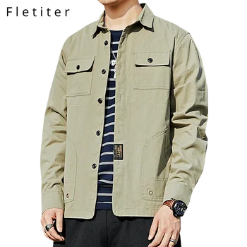 

Fletiter 2020 New 100% Cotton Military Shirt Men Long Sleeve Casual Dress Shirt Male Cargo Work Shirts With Embroidery 5XL