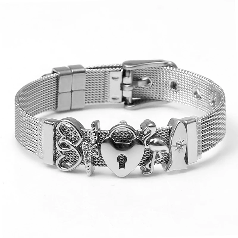 Изысканные часы из нержавеющей стали, сетчатые браслеты для пояса для женщин, мужчин, влюбленных пар, медвежьи лапы, велосипедный кристалл, Круглый браслет с подвесками, браслет - Окраска металла: YD011-3