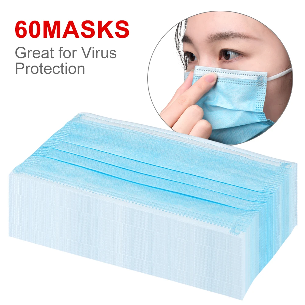 

60PCS Unisex Disposable Masks For Germ Protection Breathable Face Masks 3 -Ply Filter Safety Mask Comfortable Dust