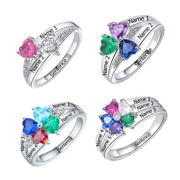 

JrSr 925 Sterling Silver Double Heart Birthstone Name diy Ring Engraved Couples Names Ring With Anniversary Custom jewelry Gifts