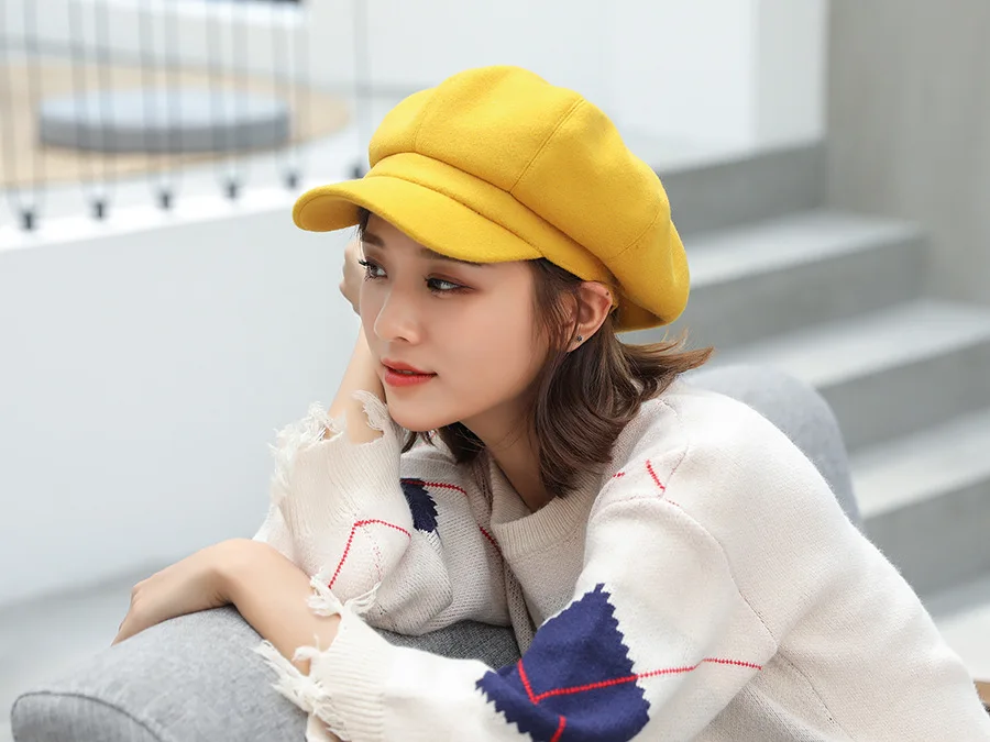 Wool Women Beret Autumn Winter Octagonal Cap Hats Stylish Artist Painter Newsboy Caps Black Grey Beret Hats