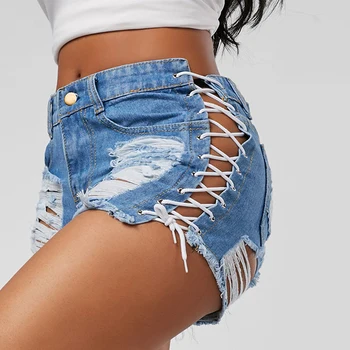 

Sexy Summer Women Denim Shorts 2020 New Black Blue High Waist Ripped Short Jeans Femme Tassel Lace Up Bandage Hot