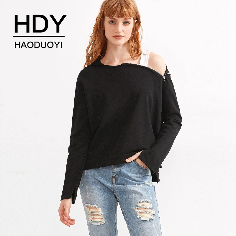 

HDY Haoduoyi Asymmetrical Sloping Shoulders Fashion Relaxation Long Sleeve Zipper Hooded Solid Colour Pullover Sweatshirt