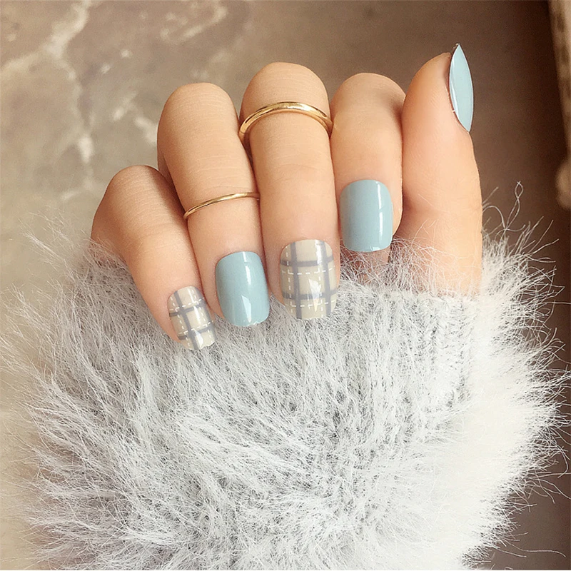 24 шт./компл. короткий дизайн синего/серого цветов накладные ногти предварительно
