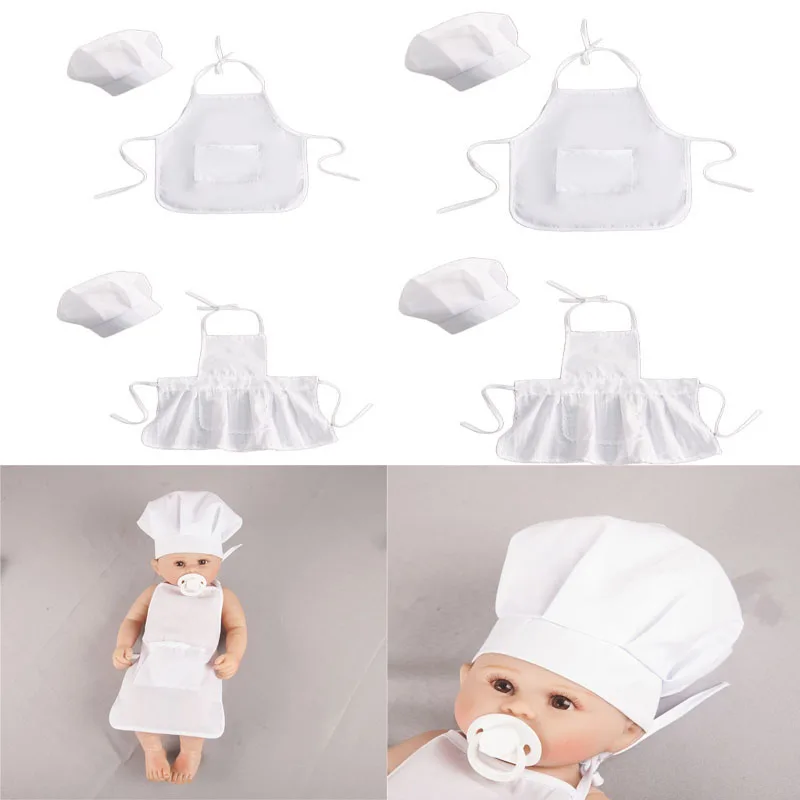 

2 Pcs Cute Baby Chef Apron and Hat Infant Kids White Cook Photos Costume Photography Prop Newborn Hat Apron