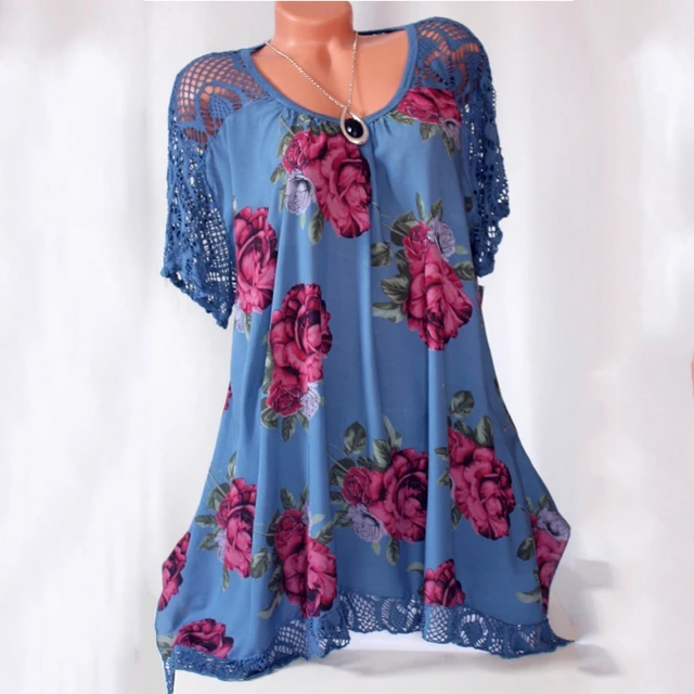 2021 new Women's Fashion Oversize Lace Floral Print Short Sleeve Casual Asymmetrical A Line Cotton Tunic S-5XL 2
