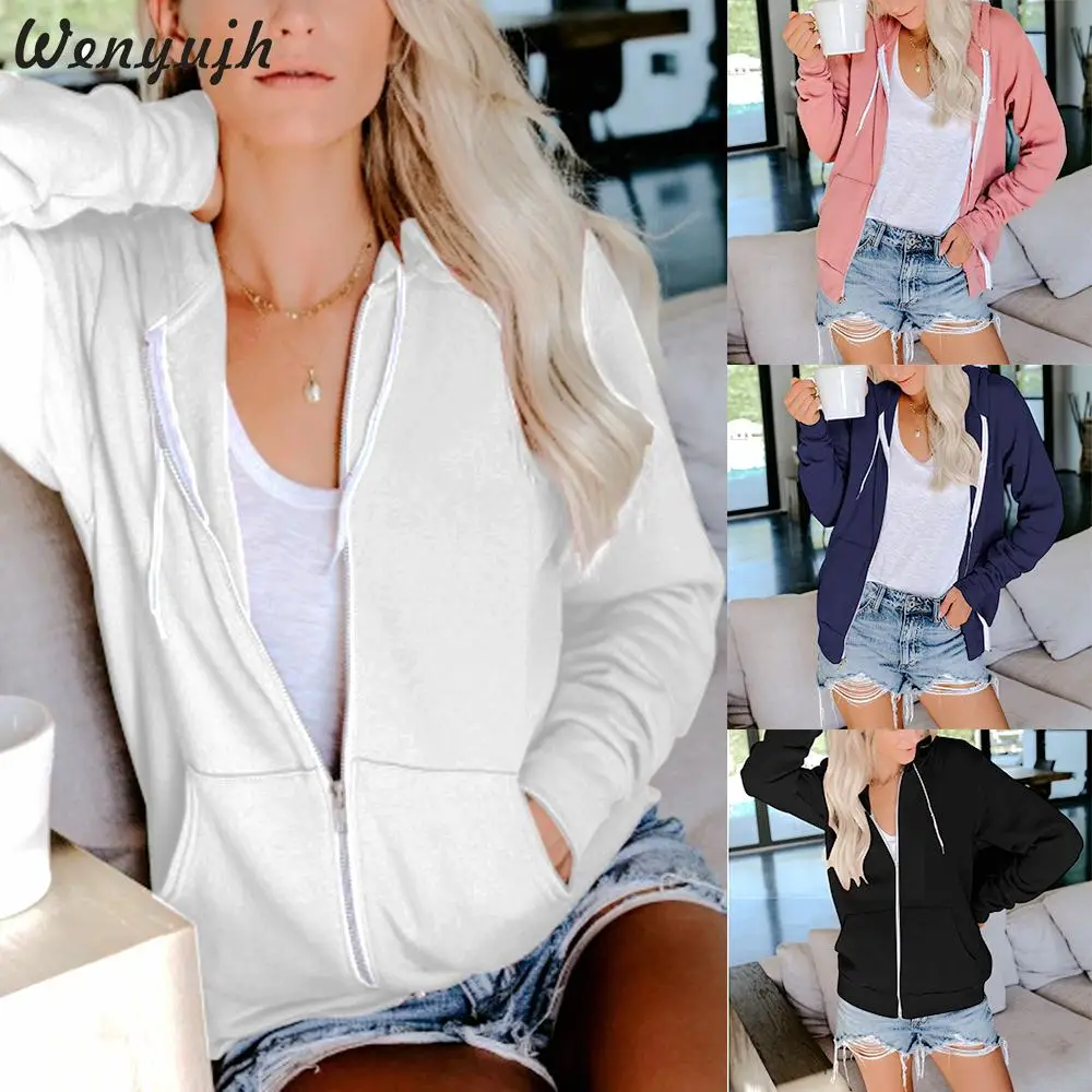 

Wenyujh New Spring Autumn Womens Jacket Pure Long-Sleeved Pull-Rope Cap Zipper Guard Running Workout Sports Coat Sweatshirt Top