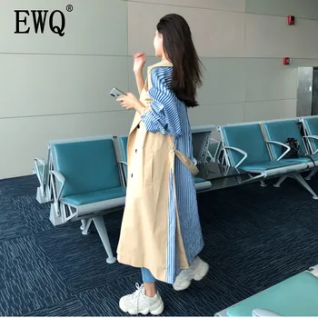 

[EWQ] 2020 Spring Autumn New Pattern Laple Long Sleeve Lace Up Fake Two Piece Striped Patchwork Vintage Loose Windbreaker AH006