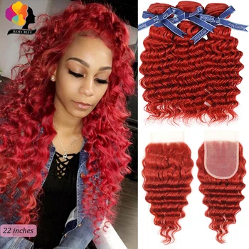 

Remyblue Deep Wave Bundles With Closure Red Burgundy Human Hair 3 Bundles With Closure Brazilian Remy Hair Weave Bundles 4PCS