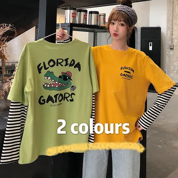 

Pure Cotton 2020 New Style Summer Wear Printed Joint Fashion Fake Two-Piece Long-sleeved T-shirt Students Women's Fashion 7060
