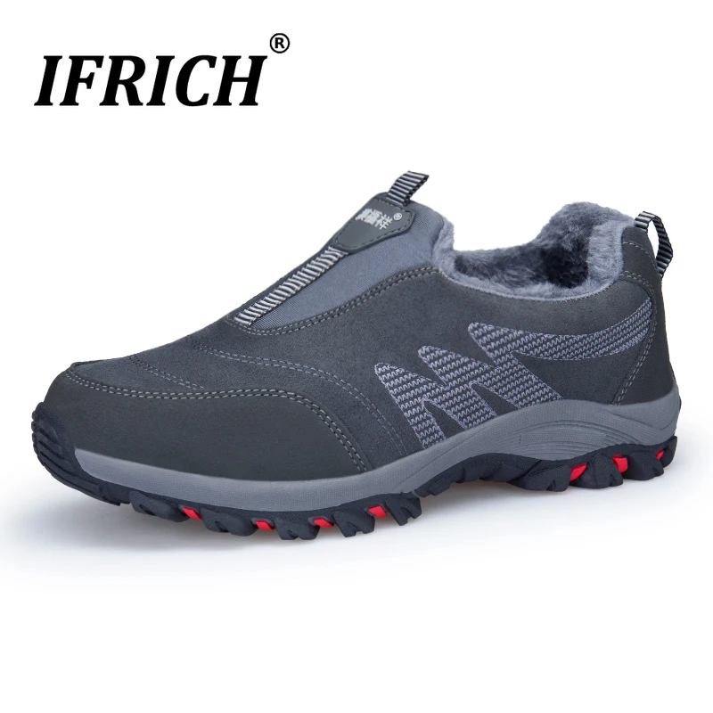 

Winter New Stylish Slip-on Hiking Shoes for Men Gray Non Slip Unisex Sport Shoes Suede Male Brand Sneakers Wiht Fur Size 36-44