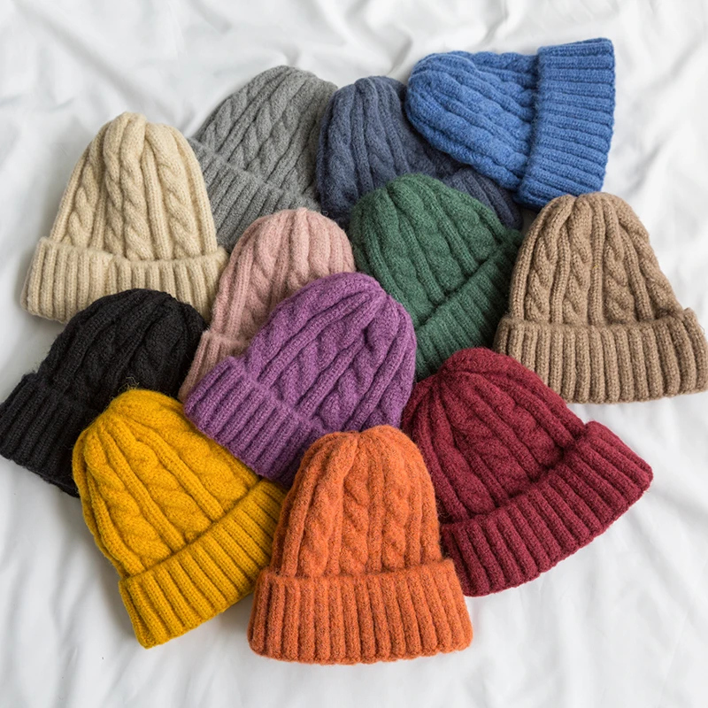 New Candy Colors Knitted Hats For Women Kpop Style Twist Woolen Beanie Hat Autumn And Winter Female Cap Keep Warm Winter Hat 4
