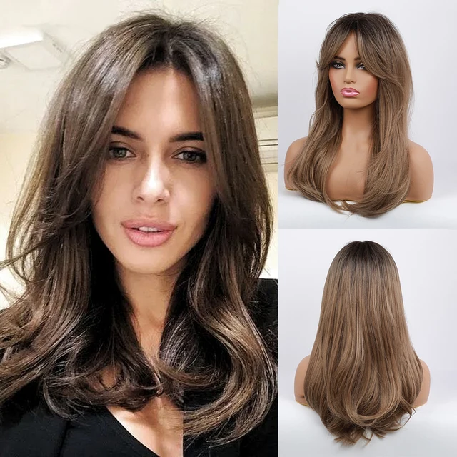 JONRENAU Long Natural Synthetic Straight Layered Hairstyle Wig Black Ombre Brown To Blonde Wigs for Black Women with Bangs Hair lc260