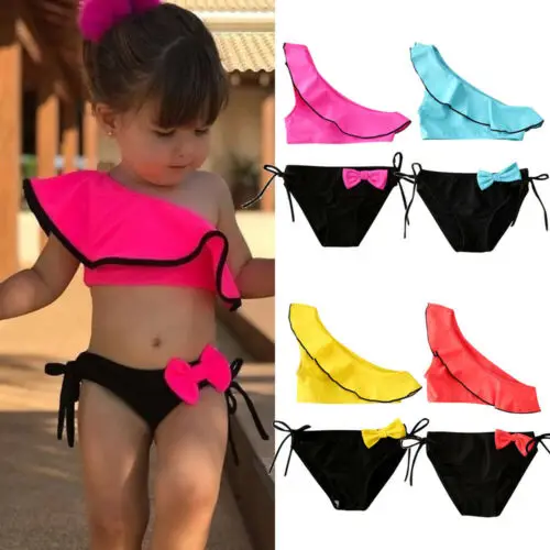 

0-4Y Infant Kids Baby Girls Bikini Sets One Shoulder Bow Ruffles Bikini Swimsuit Swimming Costume 4 Colors